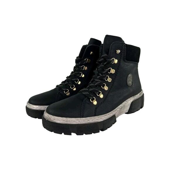 Rieker Women's Black Lace-Up Ankle Boots US 9-9.5 Warm Lining Combat Boot Eur 40 - Picture 4 of 10